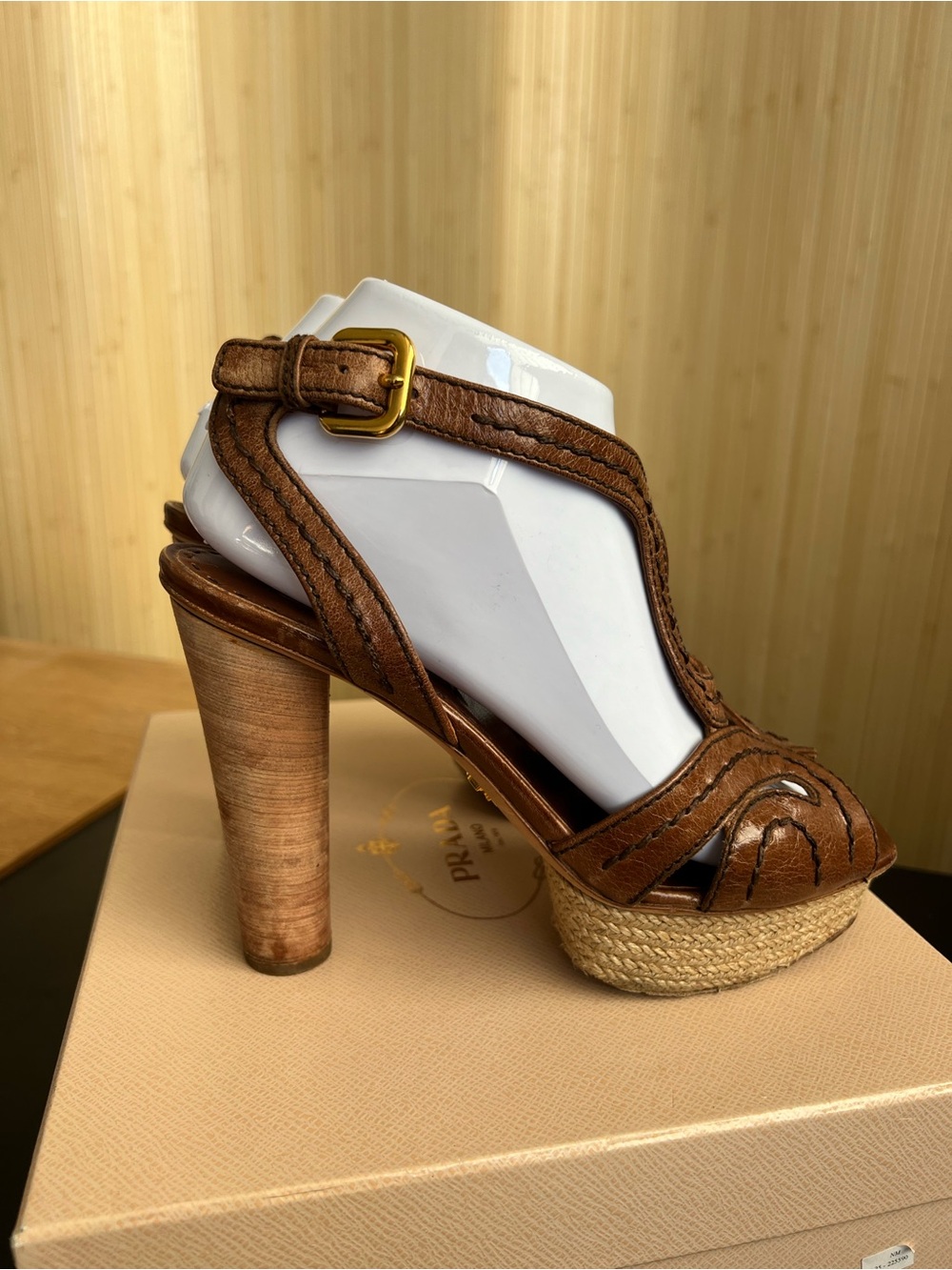 Prada Brown Leather Woven Platform Heel Sandals - Picture 4 of 5